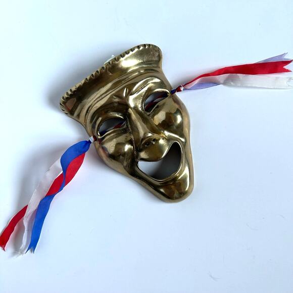 Solid Brass Theatre Mask Comedy Tragedy Face with French Ribbons 5" - Picture 4 of 6